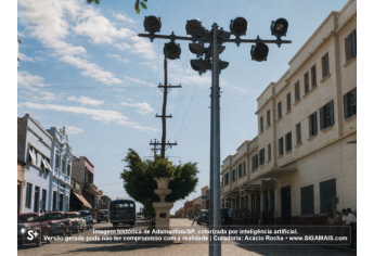 Imagem historica de Adamantina/SP, colorizada por inteligencia artificial. A versao gerada pode nao ter compromisso com a realidade.