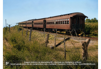 Imagem historica de Adamantina/SP, colorizada por inteligencia artificial. A versao gerada pode nao ter compromisso com a realidade.