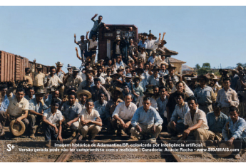 Imagem historica de Adamantina/SP, colorizada por inteligencia artificial. A versao gerada pode nao ter compromisso com a realidade.