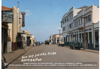 Imagem historica de Adamantina/SP, colorizada por inteligencia artificial. A versao gerada pode nao ter compromisso com a realidade.