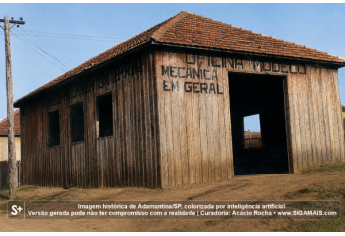Imagem historica de Adamantina/SP, colorizada por inteligencia artificial. A versao gerada pode nao ter compromisso com a realidade.