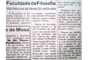 Vestibular de francês anulado. Jornal O Adamantinense nº 134, ano III, p. 2, 28/7/1968.