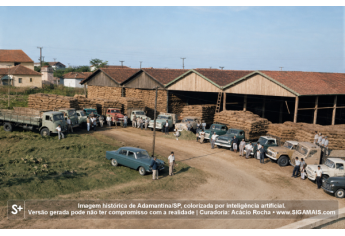 Imagem historica de Adamantina/SP, colorizada por inteligencia artificial. A versao gerada pode nao ter compromisso com a realidade.