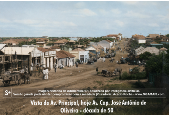 Imagem historica de Adamantina/SP, colorizada por inteligencia artificial. A versao gerada pode nao ter compromisso com a realidade.