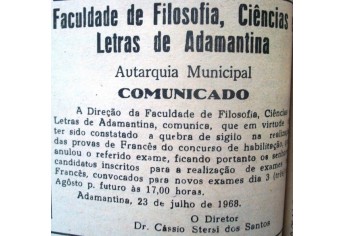 Convocação para novos exames de francês. Jornal O Adamantinense nº 134, ano III, p. 2, 28/7/1968.