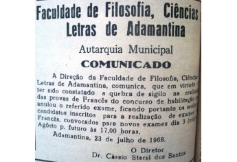 Convocação para novos exames de francês. Jornal O Adamantinense nº 134, ano III, p. 2, 28/7/1968.