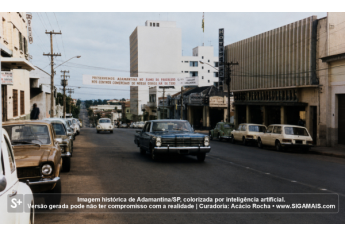 Imagem historica de Adamantina/SP, colorizada por inteligencia artificial. A versao gerada pode nao ter compromisso com a realidade.