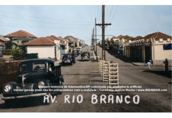 Imagem historica de Adamantina/SP, colorizada por inteligencia artificial. A versao gerada pode nao ter compromisso com a realidade.