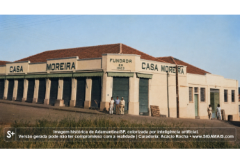Imagem historica de Adamantina/SP, colorizada por inteligencia artificial. A versao gerada pode nao ter compromisso com a realidade.