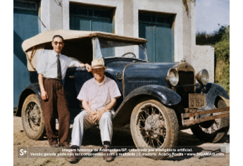 Imagem historica de Adamantina/SP, colorizada por inteligencia artificial. A versao gerada pode nao ter compromisso com a realidade.