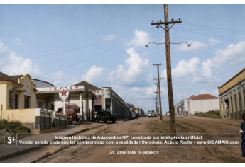 Imagem historica de Adamantina/SP, colorizada por inteligencia artificial. A versao gerada pode nao ter compromisso com a realidade.