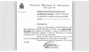 Desde 1967, quando foi criada a Fafia, nomeação do dirigente da instituição municipal de ensino de Adamantina se dá por ato do prefeito, após referendo da Câmara Municipal (Reprodução).