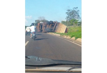 Caminhão tombou ao passar por rotatória, em Panorama  (Reprodução/Panorama Notícias).