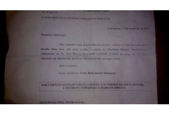 Cópia da notificação da Justiça, à Câmara Municipal, informando o afastamento do Prefeito Ivo Santos, a pedido do Ministério Público (Imagem: Reprodução).