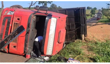 Caminhão carregado com amendoim tomba após colisão com caminhonete na SP-294, em Parapuã
