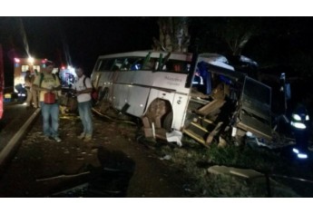 Ônibus colidiu contra árvores após ser alvejado por tiros, em tentativa de assalto (Foto: Polícia Rodoviária Federal/PRF).