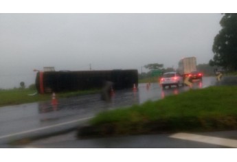 Ônibus tombou na SP-294, altura do trevo de acesso ao Bairro Lagoa Seca (Reprodução/WhatsApp).