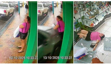 Carro invade calçada e atinge mulher em porta de loja no centro de Adamantina