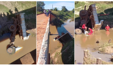 Motorista morre após caminhão cair de ponte que atravessa rio em Emilianópolis