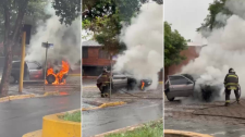 Carro pega fogo próximo ao Fórum no centro de Adamantina