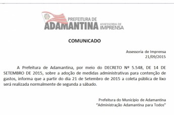 Nota distribuída pela Prefeitura na manhã de hoje (21) informa sobre nova decisão em relação à coleta de lixo (Foto: Reprodução)