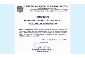 Comunicado de anulação do Concurso Público e Processo Seletivo, publicado no site da Prefeitura de Flórida Paulista (Imagem: Reprodução).