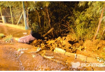 Danos na guia, ao lado da ponte sobre o Córrego Tocantins, no Parque dos Pioneiros (sentido ATC x Cooperativa Camda) exigirão rápida atuação para evitar danos maiores e riscos (Foto: Acácio Rocha).