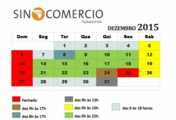 Calendário oficial sobre o funcionamento do comércio de Adamantina neste mês de dezembro (Fonte: Sincomércio).