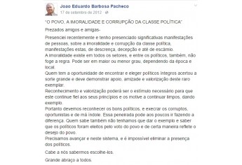 Postagem na rede social de Pacheco, em setembro de 2012 (Imagem: Reprodução).