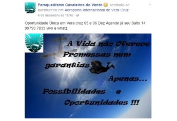 Página oficial do Paraquedismo Cavaleiros do Vento informa o evento realizado em Vera Cruz neste fim de semana (Reprodução).