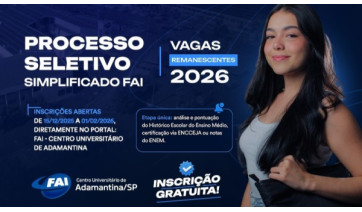 FAI abre inscrições gratuitas para vagas remanescentes do Vestibular 2026