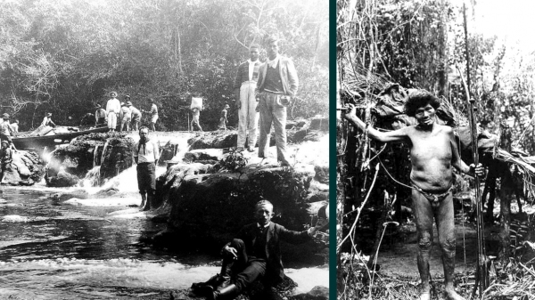 Expedição geográfica descendo o rio do Peixe em 1906, e Índio Kaingang encontrado na incursão (Arquivo Pessoal: José Carlos Daltozo).