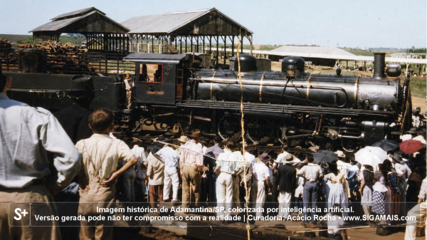 Imagem historica de Adamantina/SP, colorizada por inteligencia artificial. A versao gerada pode nao ter compromisso com a realidade.