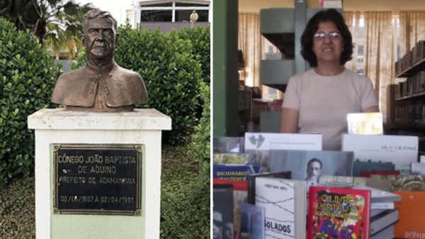 O busto de Cônego João Baptista de Aquini, que dá nome à biblioteca, localizado na Praça José Costa (Jardim da Estação) e a bibiotecária Jurema Gomes Moreira Citelli, que faleceu em setembro último (Arquivo).