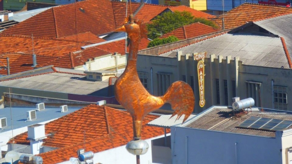 Galo no alto da torre da Igreja Matriz de Santo Antônio, em Adamantina (Foto: Tiago Rafael)..