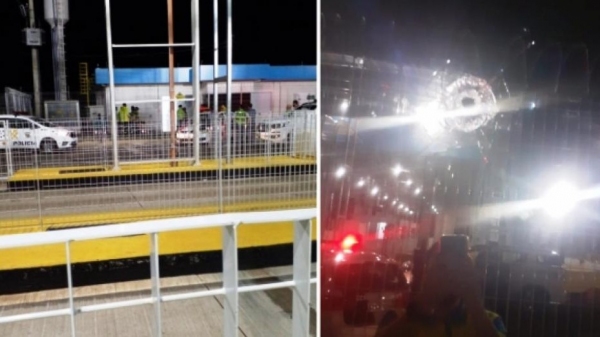 Policiais na praça de pedágio e vidro atingido por disparo de arma de fogo, em Jafa (Reprodução).