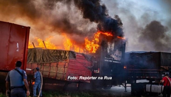 Incêndio começou em um matagal e atingiu sete carretas (Reprodução/Site Visão NotÃcias).