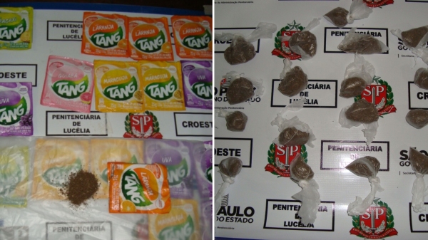 Encomenda com 17 embalagens de suco em pó tinham droga no seu interior. Foram enviadas pela avó do detento preso na penitenciária de Lucélia (Divulgação/SAP).