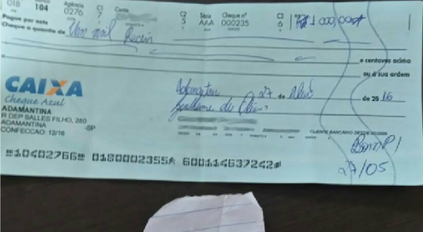 Cheque de R$ 1 mil que estava com homem que foi preso (Reprodução).