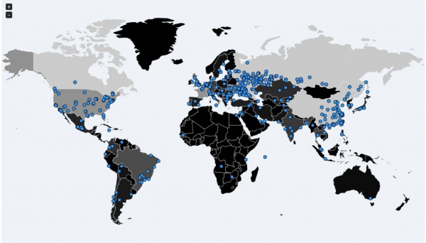 Equipe de pesquisadores independentes de cibersegurança Malware Tech criou um mapa com os sites onde foram detectados ataques (Imagem: Malware Tech).