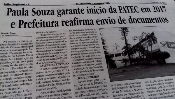 Sem dinheiro, Centro Paula Souza deverá buscar parceria local para colocar FATEC em funcionamento, diz Folha Regional (Reprodução).