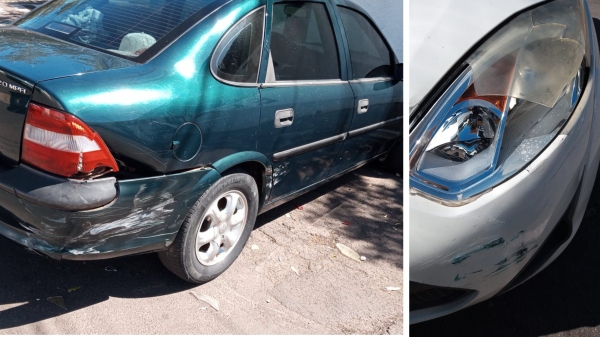 O GM Vectra, de moradora da cidade, e o Ford Fiesta da Prefeitura, envolvidos no acidente de trânsito sem vÃtimas (Cedida).