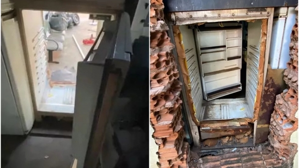 Polícia descobre passagem secreta pela geladeira, usada na fuga do homem que agora é procurado por receptação (Divulgação/Polícia Civil).