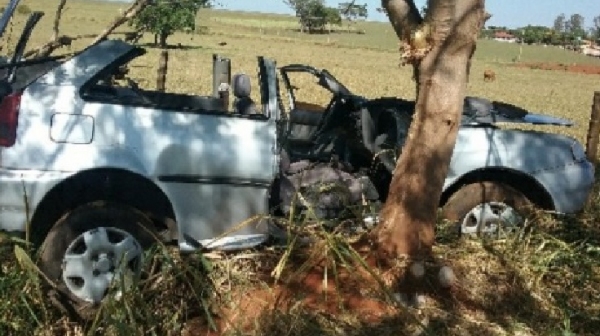 Motorista perdeu o controle de direção do carro, que bateu em uma árvore (Cedida/PM Rodoviária).