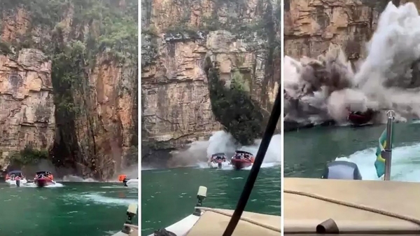 Momento da queda da coluna de rocha, no Lago de Furnas, em Capitólio (Reprodução).