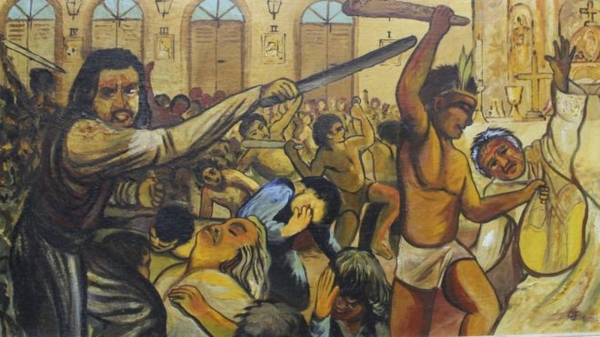 Quadro mostra massacre em Cunhaú, no Rio Grande do Norte. Os mortos identificados foram declarados santos neste domingo | Imagem pintada por Padre Eladio (Foto: BBC/Divulgação).