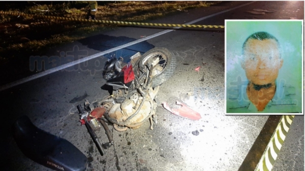 Posição final de uma das partes da moto, após o acidente. No detalhe, a vítima fatal,  de 34 anos (Foto: Diego Pereira/Mais Tupã).