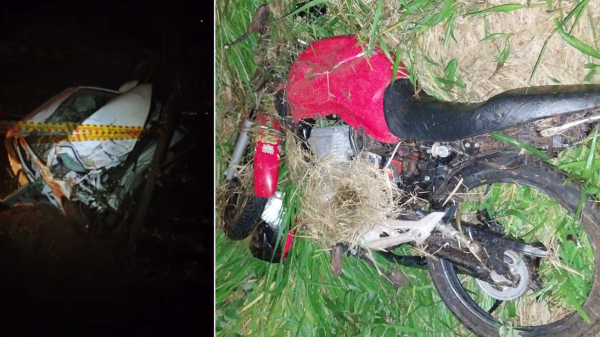 O autom?vel e a moto destru?dos ap?s o acidente (Cedida/PM Rodovi?ria).