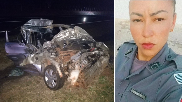 Situação final o veículo após a colisão, que era conduzido pela soldado da PM, Aiene Rosária Alves de Souza, de 30 anos (Fotos: Cedida e Redes Sociais).