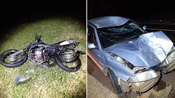 A moto e o automóvel VW Gol envolvidos no acidente (Cedida/PM Rodoviária).